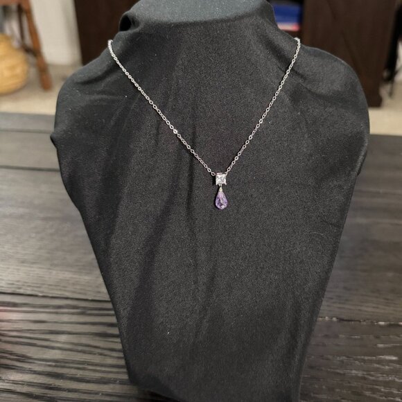 Laila Rowe Silver Tone Necklace W/Purple Teardrop & Clear Crystal Pendant 14" - Picture 6 of 10